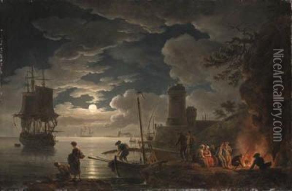 A Moonlit Harbor Scene With A Fisherman And Figures Seated Around Afire, Shipping Beyond Oil Painting - Claude-joseph Vernet