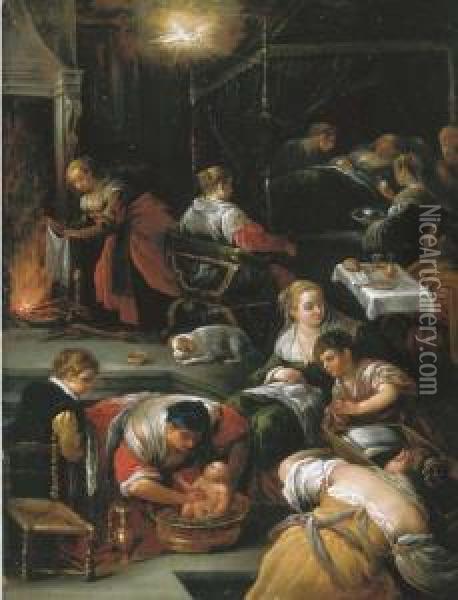 La Nascita Della Vergine Oil Painting - Jacopo Bassano (Jacopo da Ponte)