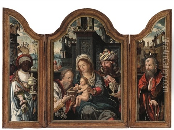 The Adoration Of The Magi (triptych) Oil Painting - Pieter Coecke van Aelst the Elder