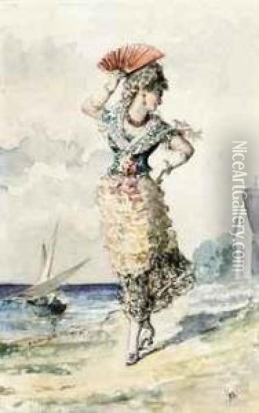 A Lady In Regional Costume, Holding A Fan Oil Painting - Fausto Morell Y Orlandis