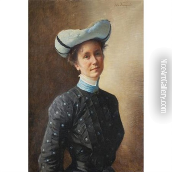 Portrait Of A Lady In A Blue Hat Oil Painting - Asta Carlsen Norregaard