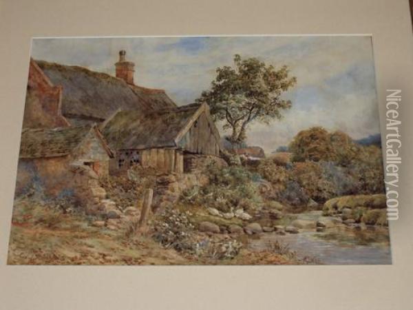 Old Barn With Ducks Before A Stream Oil Painting - Charles James Adams