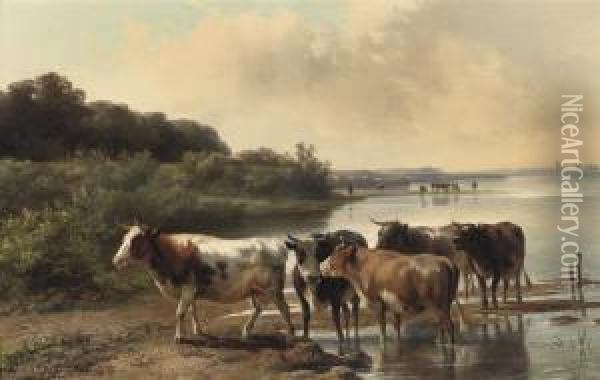 Cows On The Embankment Oil Painting - Jan Bedijs Tom
