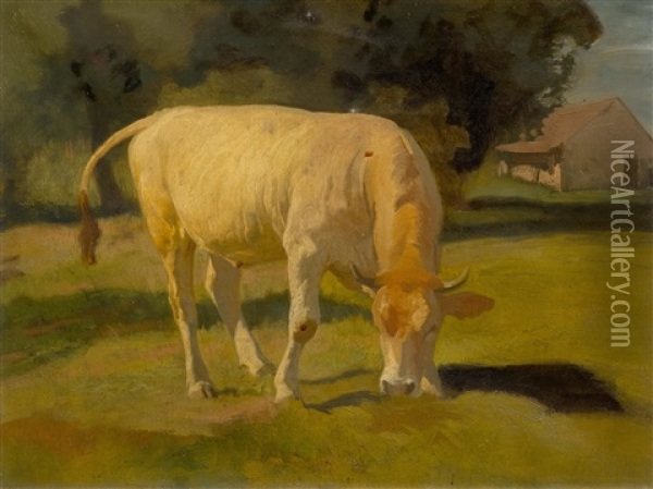 Study Of A Cow Before A Farm Oil Painting - Johann Rudolf Koller