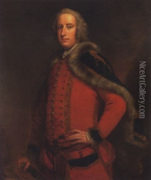 Portrait Of An Officer In A Scarlet Frock Coat With A Blue, Fur-lined Cloak, His Hand Resting On A Sword Oil Painting - Thomas Hudson