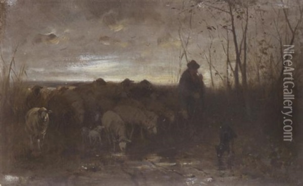 Heimkehrender Schafer Mit Seiner Herde Oil Painting - Otto Friedrich Gebler