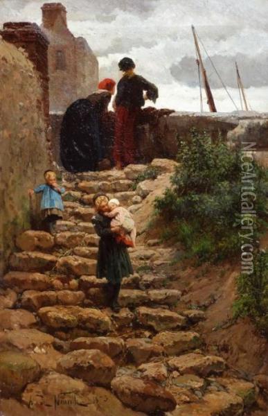 Ninos En La Escalera Oil Painting - Alphonse Marie de Neuville