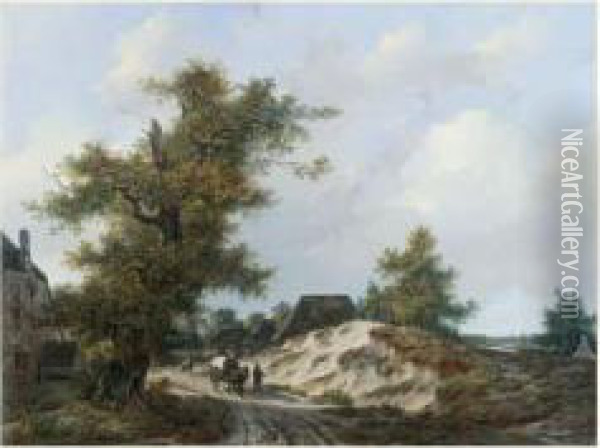 Paysage A La Charrette Oil Painting - Adrianus Van Der Koogh