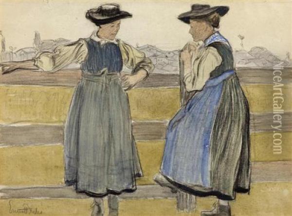 Zwei Walisserinnen. Verso Skizze
 Zu Einem Lesenden. (two Welsh Women) (verso Sketch Of A Man Reading) Oil Painting - Ernest Bieler