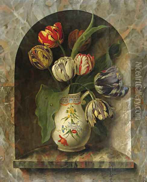 Parrot Tulips in a Jug on a stone Ledge in an Alcove Oil Painting - Michel Joseph Speckaert