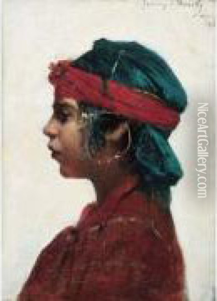 Jeune Algeroise Au Turban Rouge Oil Painting - Francisque Noailly