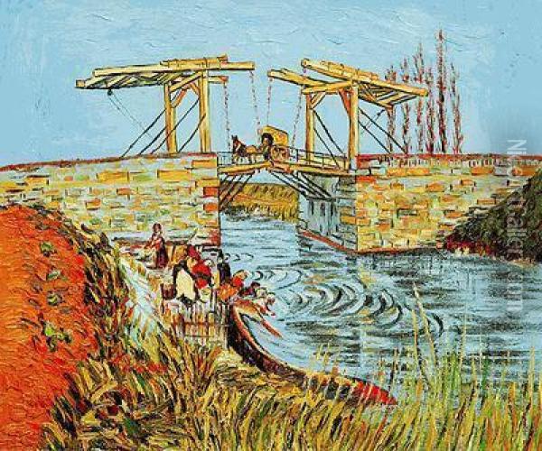 Langlois Bridge At Arles With Women Washing Oil Painting - Vincent Van Gogh