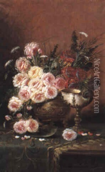 Still Life With Roses And Nautilus Cup On A Draped Table Oil Painting - Max Carlier