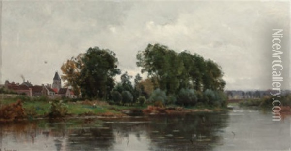 A Village On The River Oil Painting - Adrien Jacques Sauzay