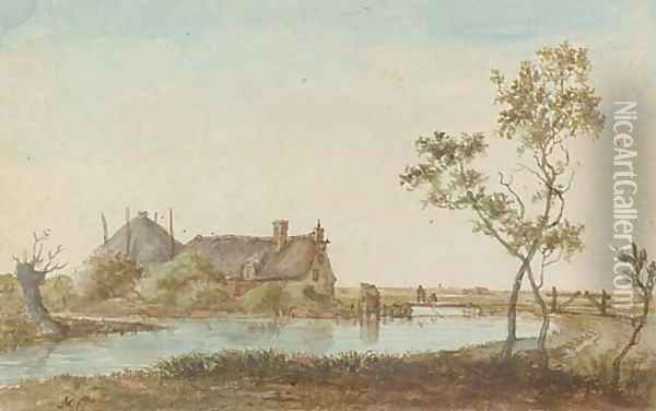 A farmhouse on a river bank Oil Painting - Anthonie Erkelens