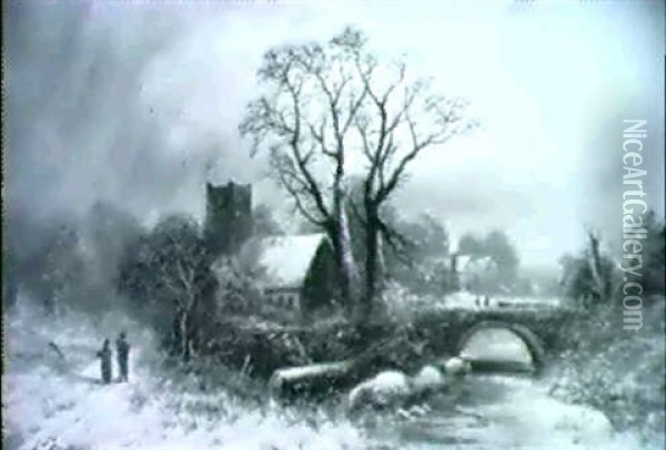 A Winter Wooded River Landscape With Figures On A Track A   Church Beyond Oil Painting - Francis Newton