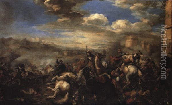 Grande Battaglia Con Scontro Di Cavalieri Al Centro Oil Painting - Jacques Courtois