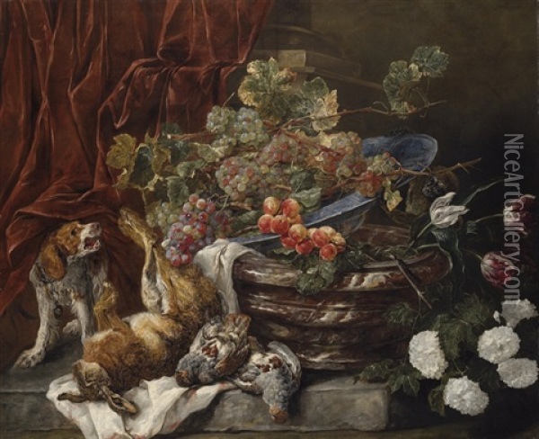 Grapes And Apricots In A Porcelain Bowl Oil Painting - Jan Fyt
