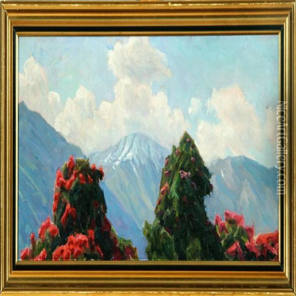 A Mountain Scenery With Rhododendron Oil Painting - Henrik Gamst Jespersen