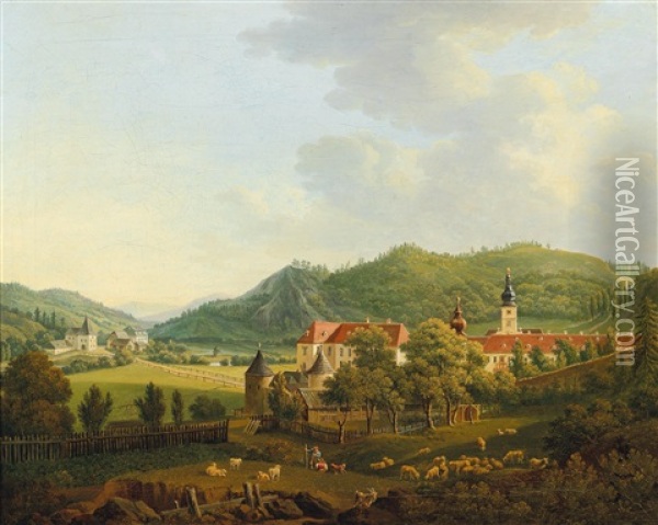 Open Landscape With Monastery Oil Painting - Anton Schiffer