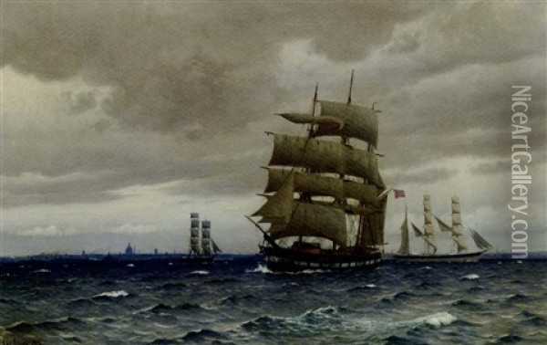 A Norwegian Windjammer And Other Commercial Sailing Vessels Off Copenhagen Oil Painting - Christian Blache