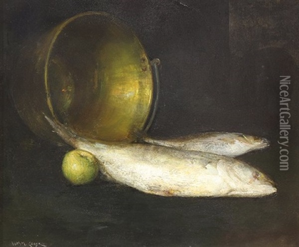Still Life With Fish, Apple, And Bowl Oil Painting - William Merritt Chase