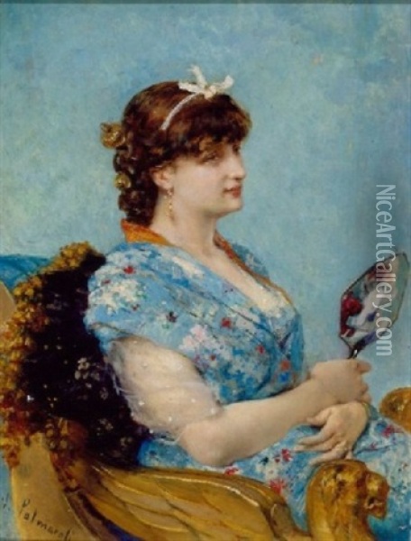 A Seated Woman With Hand Mirror Oil Painting - Vicente Palmaroli y Gonzales