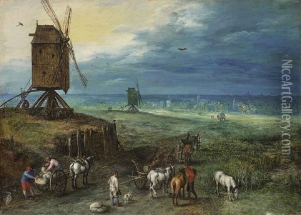 An Extensive Landscape With Figures Unloading Carts Beside A Windmill On A Knoll Oil Painting - Jan Brueghel the Elder