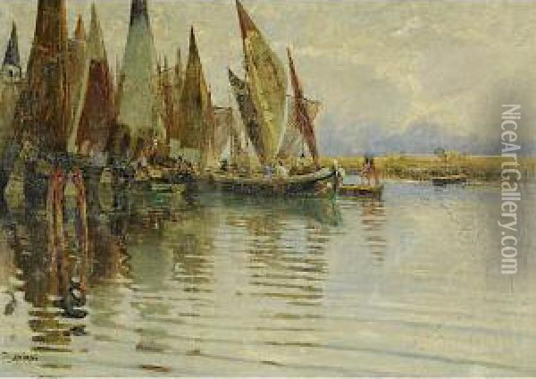 Barche Di Pescatori In Laguna Oil Painting - Ugo Flumiani