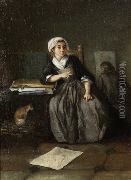 An Interior With A Young Woman Sketching; And An Interior With A Young Man Drawing (2 Works) Oil Painting - Etienne Aubry