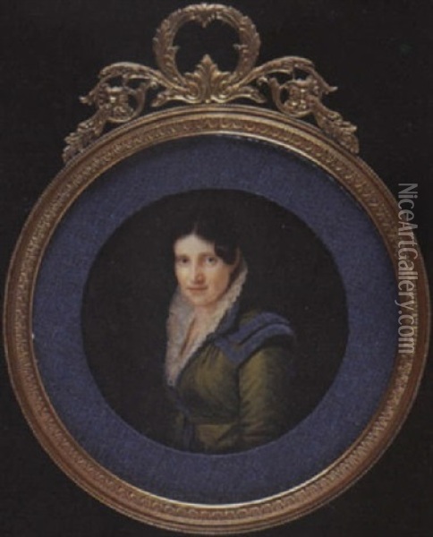 A Lady Wearing Green Coat-dress With Blue Trim And Collar Over White Frilled Gauze Collar Oil Painting - Santo Panario