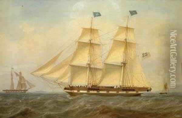 A Two Master And Other Vessels Off A Headland, Signed Oil On Canvas, Laid Down, Dated 1837, 48x74cm Oil Painting - William Clark Of Greenock