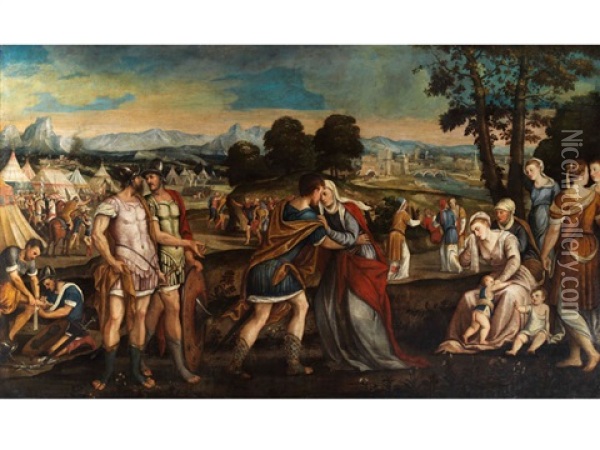 Coriolanus Wird Von Seiner Mutter Gebeten Die Stadt Rom Zu Verschonen Oil Painting - Bonifazio de Pitati