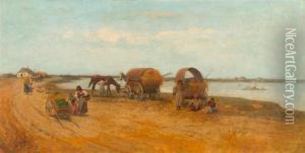 Figure Resting With Lifestock Wagon At The Coast Oil Painting - Franciszek Streitt