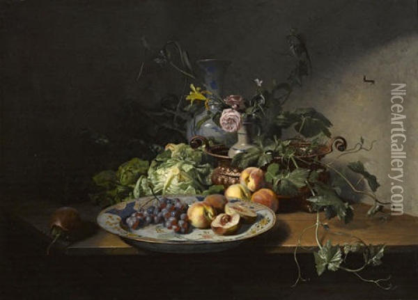 A Still Life Of Fruit And Vegetables With An Imari Dish, Copper Bowl And Other Porcelain Oil Painting - David Emile Joseph de Noter