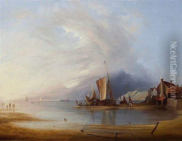 Dutch Fishing Vessel Moored At Low Tide In An Estuary Oil Painting - Richard Parkes Bonington