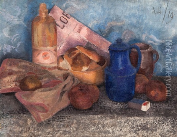 Still Life With A Blue Pitcher Oil Painting - Aleksandr Vasilievich Shevchenko