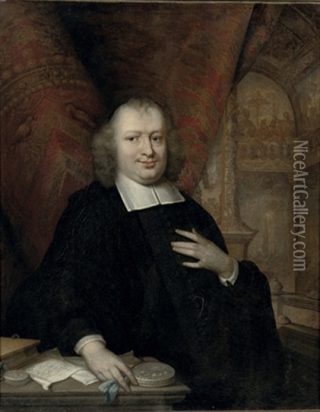 Portrait Of The State Pensionary Of Holland, Gaspar Fagel, With The Meeting Hall Of The Staten Of Holland At The Binnenhof, The Hague Oil Painting - Jan Vollevens the Elder
