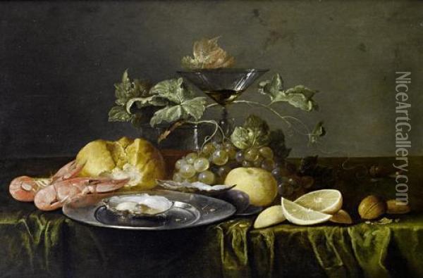 A Still Life Of Prawns, A Bread Roll, Anoyster On A Pewter Dish, A Glass Of Beer, A Wine Glass, Grapes,lemons And Walnuts On A Table Draped With A Green Cloth Oil Painting - Alexander Coosemans