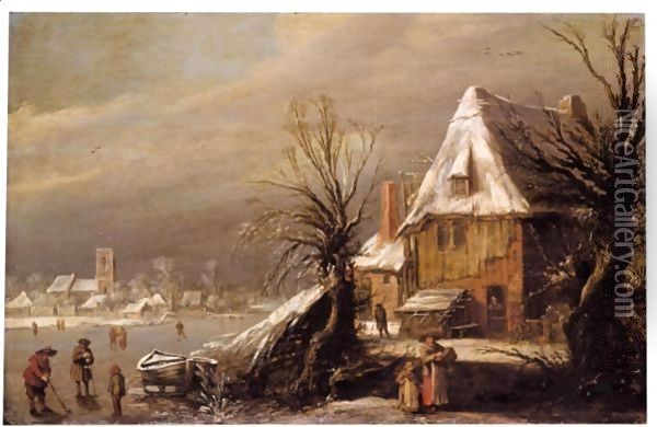 A Winter Landscape With Figures Playing Kolf And Skating On A Frozen River Before A House, A Church Beyond Oil Painting - Esaias Van De Velde