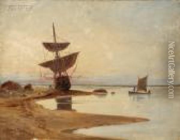 Sailing Vessel At Shore Oil Painting - C. Myron Clark