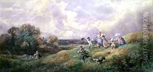 Children Running Down a Hill Oil Painting - Myles Birket Foster