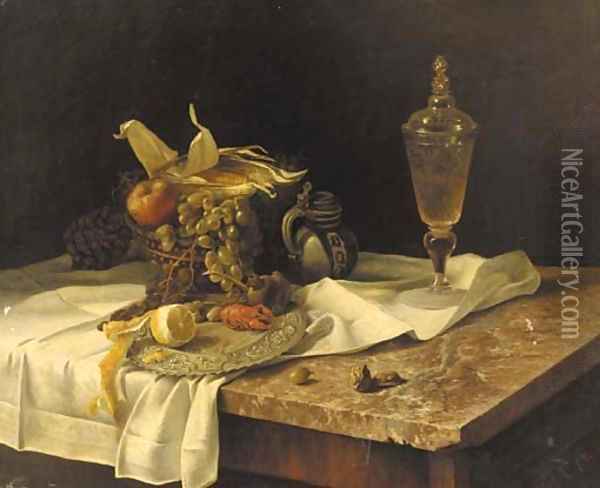 A lobster, fruit, a jug and a vessel of wine on a marble table Oil Painting - Dutch School