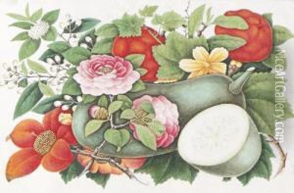 An Album Of Seven Botanical Studies Of Flowers Oil Painting - You Qua