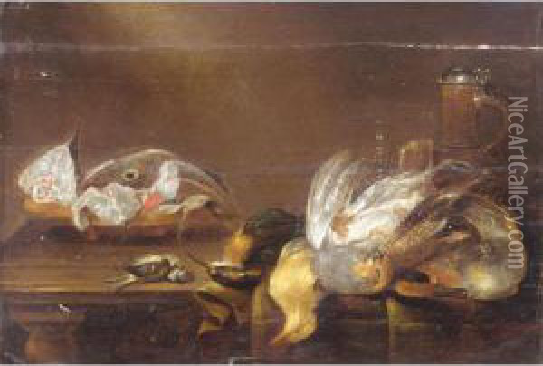Still Life With A Bowl Of Fish, A
 Glass, A Flagon, Together With A Partridge, A Kingfisher, A Blue Tit 
And Other Songbirds On A Wooden Table Oil Painting - Alexander Adriaenssen