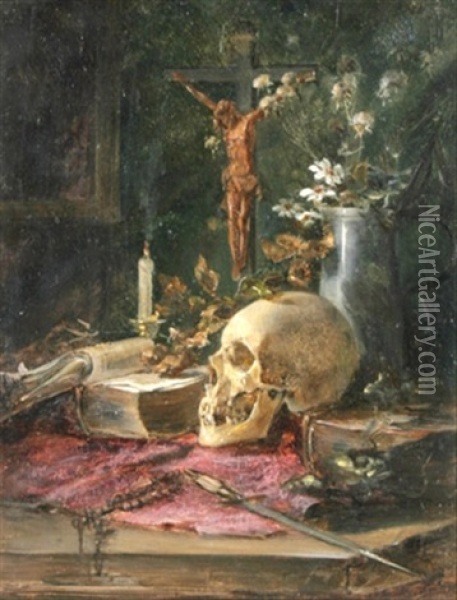 Vanitas-stilleben Mit Kruzifix, Kerze, Buchern, Blumenstraus Und Totenkopf Oil Painting - Mathilde Knoop-Spielhagen