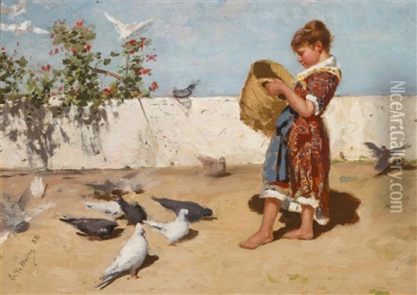 Feeding The Pigeons Oil Painting - Ettore De Maria-Bergler