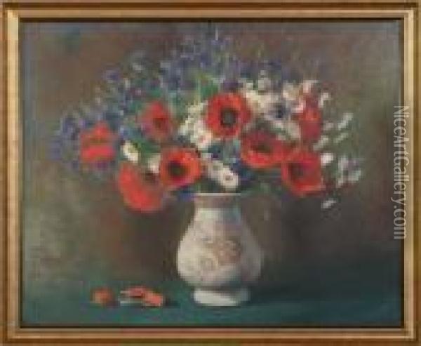 Still Life With A Bunch Of Flowers In A Vase. Signed Peder Knudsen Oil Painting - Peder Knudsen