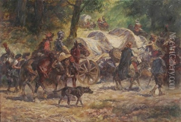Reisende Im Wald. Reiter Mit Kutschen Auf Einem Waldweg Oil Painting - Anton Hoffmann