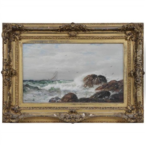 Rocky Coast With Distant Yacht Oil Painting - James Gale Tyler